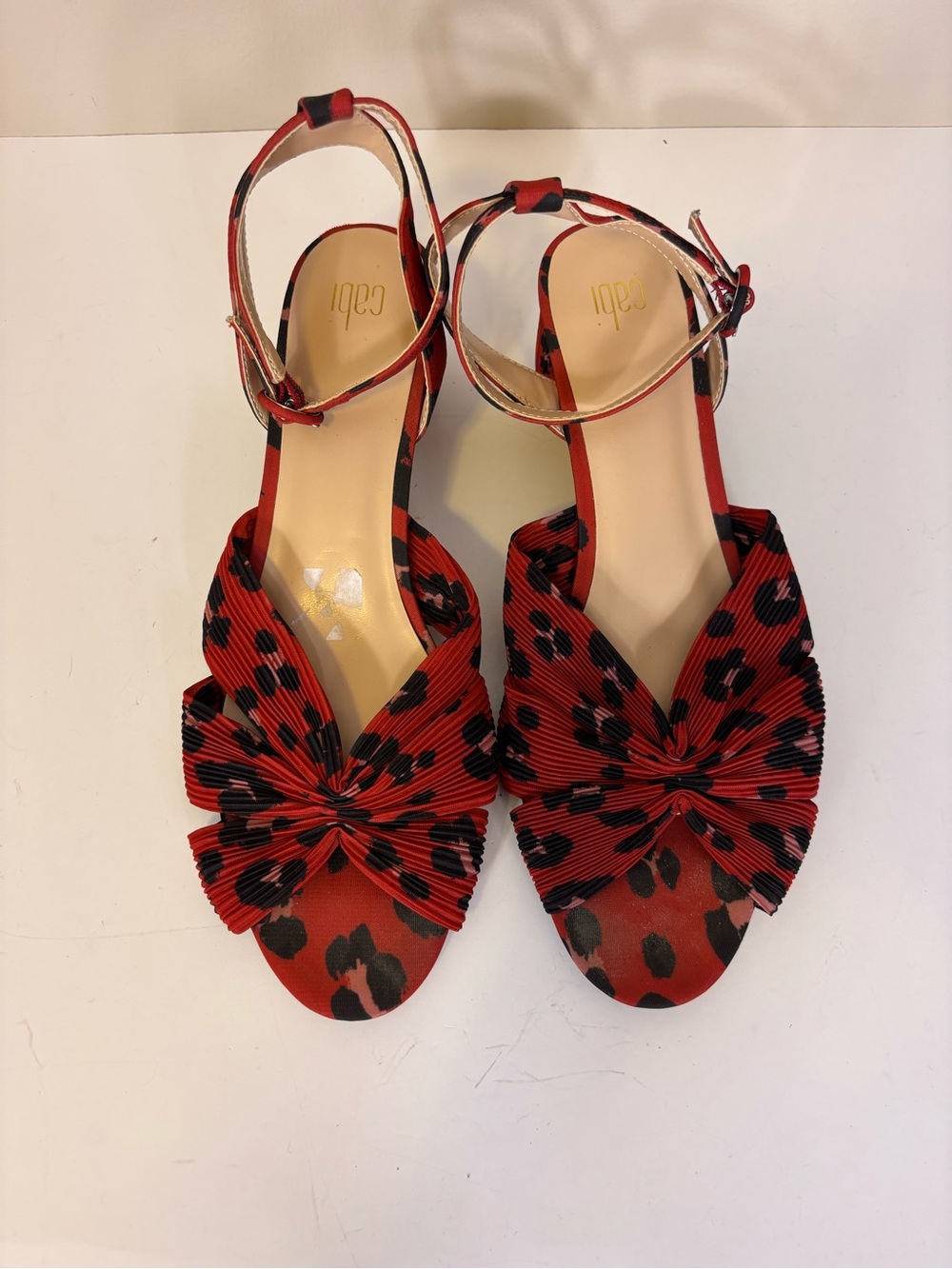 CAbi Red Black Leopard Knot Front Low Block Heel Ankle Strap Sandals 11